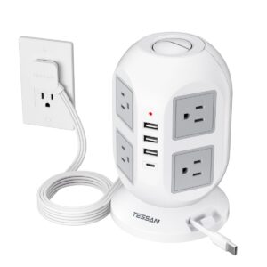 Tower Surge Protector Power Strip 10 ft, Long Flat Extension Cord with Multiple Outlets